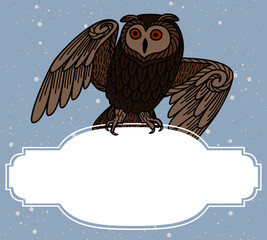 Card with an owl sitting on a frame on a blue background.