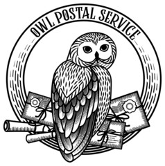 Monochrome card with an owl carrying a scroll on a round frame in the style of engraving. The owl postal service.