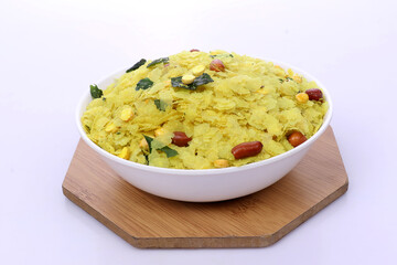 Indian Traditional Spicy And Sweet Mixture Namkeen Also Know as Chivda, Farsan, Namkin, Chiwada, or nylon chevdo on wooden 