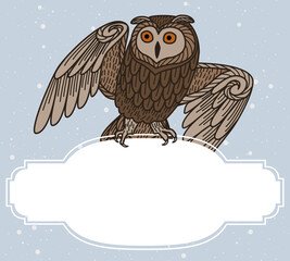 Сard with an owl on a blue background.