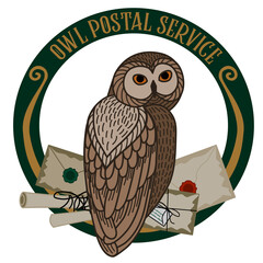 Card with an owl and letters on a round frame on a white background.