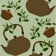 Seamless pattern with items for traditional Chinese tea drinking Pin Cha. The kettle, gaiwan and the green tea leaves.