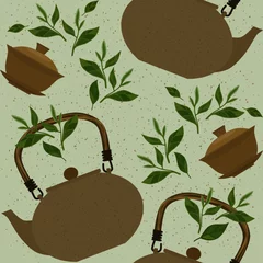 Fototapete Tee Nahtloses Muster mit Artikeln für den traditionellen chinesischen Tee, der Pin Cha trinkt. Der Wasserkocher, Gaiwan und die grünen Teeblätter.