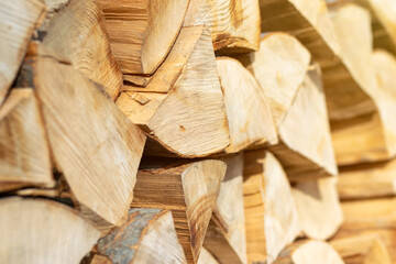 Cut wood, firewood for the winter. Wood pile.