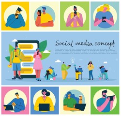 Set of people, men and women read book, work on laptop, search with magnifier, communicate. Vector graphic objects for collages and illustrations.