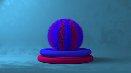 3D render abstract composition. Furry colorful sphere levitating above round pedestal.