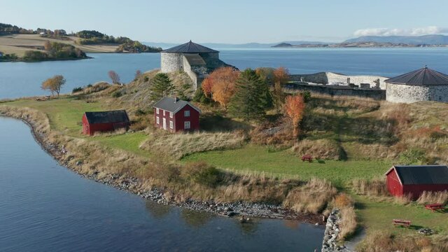 Bird's eye view of the Steinvikholm Castle. It is an island fortress on the Skatval peninsula near Stj&oslash;rdal in Tr&oslash;ndelag county, Norway.