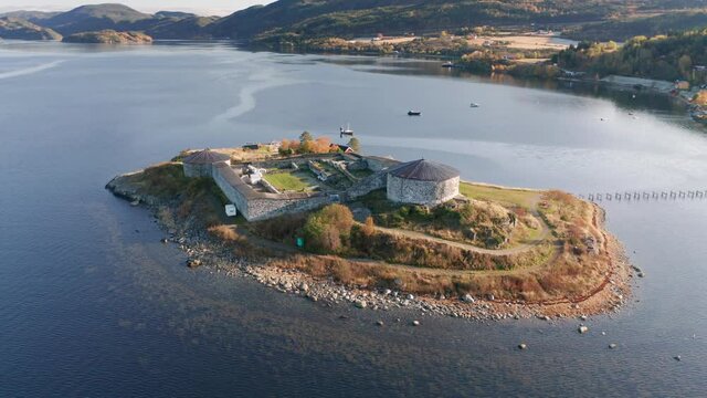 Aerial view of the Steinvikholm Castle - an island fort on the Skatval peninsula near Stjørdal in Trøndelag county, Norway.  The narrow brigde connects the island to mainland.