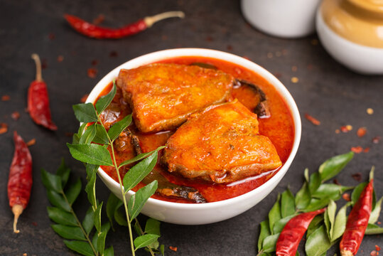Fish curry, Chettinad Meen Kuzhambu, is a hot and spicy seafood of Chennai, Tamil Nadu in India. Indian fish curry.