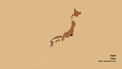 Saga, prefecture of Japan, with its capital, localized, outlined and zoomed with informative overlays on a solid patterned map in the Stereographic projection. Animation 3D
