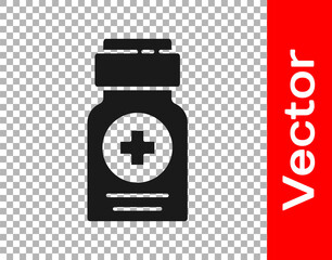 Black Medicine bottle icon isolated on transparent background. Bottle pill sign. Pharmacy design. Vector Illustration.