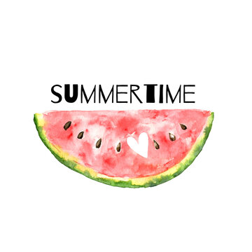 Summertime. Cute watercolor illustration with watermelon. isolated on the white background. Watermelon slice with heart. Place for text. Template for the card, invitation, print.