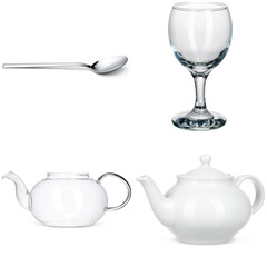 Collage of crockery and cutlery on white background