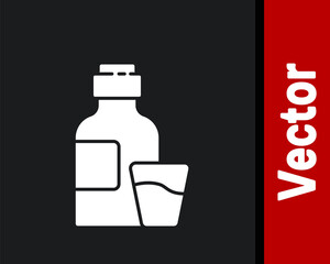 White Bottle of medicine syrup and dose measuring cup solid icon isolated on black background. Vector Illustration.