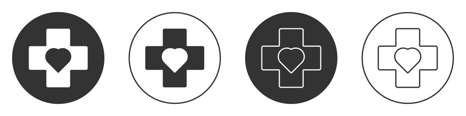 Black Heart with a cross icon isolated on white background. First aid. Healthcare, medical and pharmacy sign. Circle button. Vector Illustration.