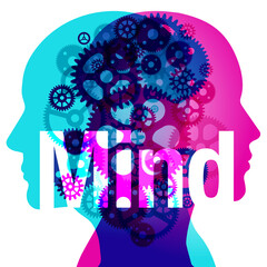 A Male and Female side silhouette profile overlaid with various semi-transparent Machine Gears shapes. Centre placed is the word “Mind”.