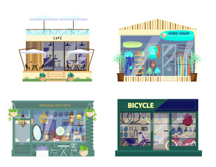 Vector set of shops exteriors. Bycicle shop, cafe with terrace on the roof, antiques and gifts, surf shop. Flat cartoon style.