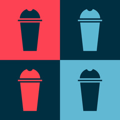 Pop art Milkshake icon isolated on color background. Plastic cup with lid and straw. Vector Illustration.