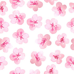 Fototapeta premium Watercolor hand drawn seamless pattern with pink cherry sakura flowers blossom bloom. Japanese Chinese Asian plant concept delicate elegant soft floral design illustration. Botanical cute elements.
