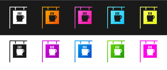 Set Street signboard coffee icon isolated on black and white background. Vector Illustration.