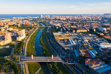 Roofs of town Barcelona and district Sant Adria de Besos, Besos river. Spain