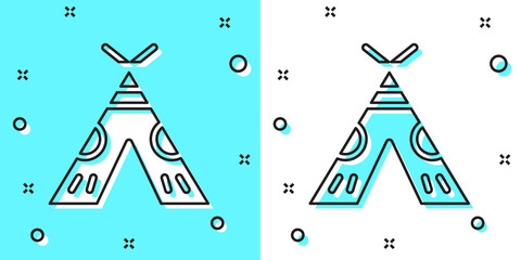 Black line Traditional indian teepee or wigwam icon isolated on green and white background. Indian tent. Random dynamic shapes. Vector Illustration. © Kostiantyn