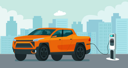 Electric pickup truck car on a background of abstract cityscape. Electric car is charging. Vector flat illustration. © lyudinka