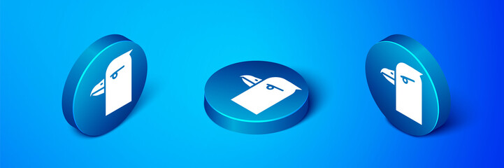 Isometric Eagle head icon isolated on blue background. Blue circle button. Vector Illustration.