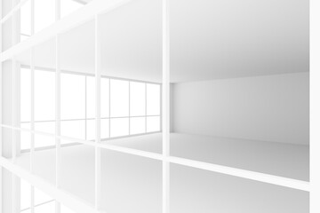Empty white business office room with large windows view from outside