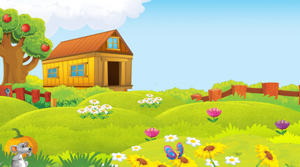 Fototapeta premium cartoon scene with farm animal on ranch farm having fun illustration