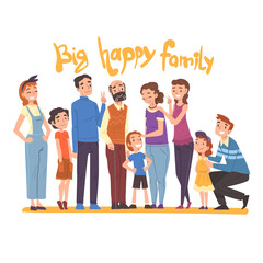 Obraz premium Big Happy Family, Several Generations Standing Together, Grandma, Grandpa, Mom, Dad and Children Cartoon Style Vector Illustration