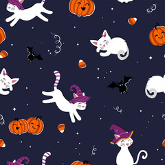 Cute hand drawn halloween seamless pattern with cats and candy, fun background, great for textiles, banners, wallpaper, wrapping - vector design