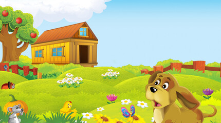 cartoon scene with farm animal on ranch farm having fun illustration