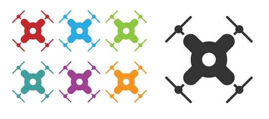 Black Drone flying icon isolated on white background. Quadrocopter with video and photo camera symbol. Set icons colorful. Vector Illustration.