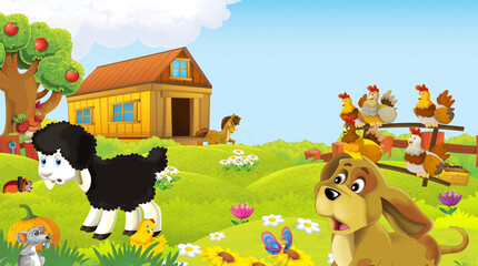 Obraz na płótnie Canvas cartoon scene with farm animal on ranch farm having fun illustration