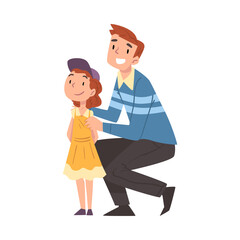 Happy Smiling Father and his Little Daughter Posing Together Cartoon Style Vector Illustration on White Background