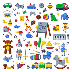 Children Toys Big Set, Various Colorful Objects for Kids Game, Development and Entertainment Cartoon Vector Illustration