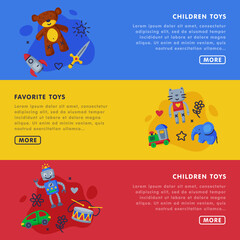 Children Toys Landing Page Templates Set, Kids Education, Development and Entertainment, Toy Shop, Club, Kindergarten or Playground Website, Homepage Vector Illustration