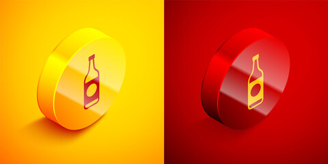 Isometric Beer bottle icon isolated on orange and red background. Circle button. Vector Illustration.