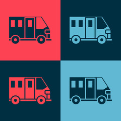 Pop art School Bus icon isolated on color background. Public transportation symbol. Vector Illustration.