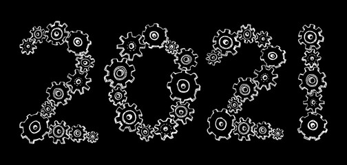 Vector cartoon new year gear wheels. Drawn in black ink on white background