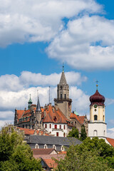 vertical skyline view of Sigmaringen with the castle church and theater