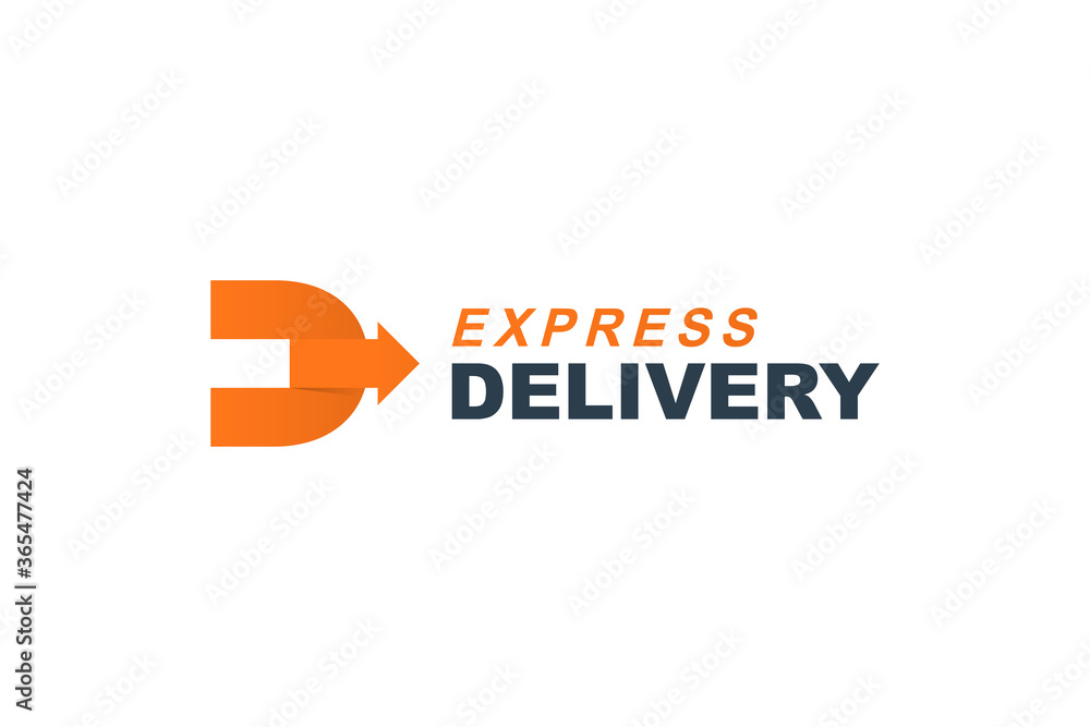 Poster initial letter d logo. orange shape d letter with origami style right arrow inside isolated on white