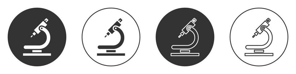 Black Microscope icon isolated on white background. Chemistry, pharmaceutical instrument, microbiology magnifying tool. Circle button. Vector Illustration.