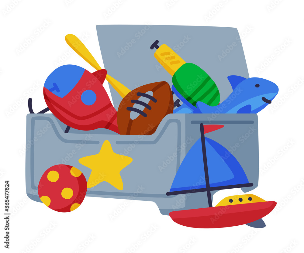 Sticker box of toys for boys, cute colorful objects for kids development and entertainment cartoon vector il