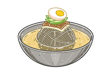 Naengmyeon. This is a Korean noodle dish of long and thin handmade noodles made from the flour and starch of various ingredients. Vector illustration.