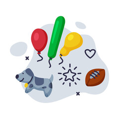 Dog, Rugby Ball, Colorful Balloons Children Toys Set, Kids Game Various Objects Cartoon Vector Illustration