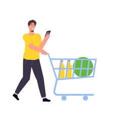 Character with a  grocery shopping cart. Vector isolated illustration