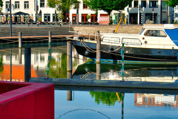 Fototapeta na wymiar A boat in the harbor of the Zuid-Willemsvaart canal in Weert the Netherlands