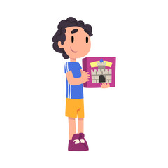 Cute Boy Holding Box of Blocks Constructor, Adorable Kid Playing with Favorite Toy Cartoon Vector Illustration on White Background